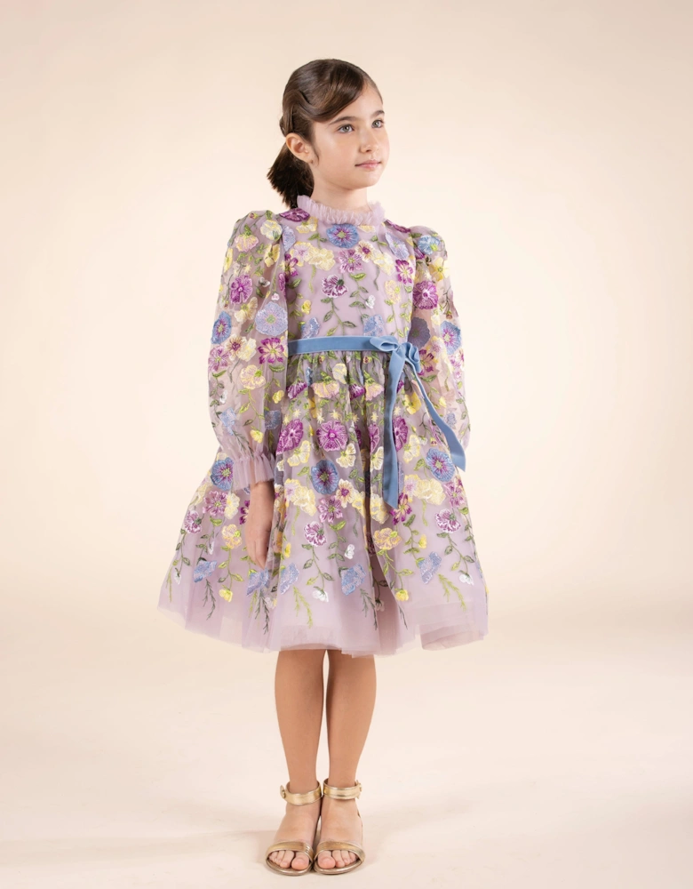 Girls Flower Embroidered Tulle Gown in Multicolour