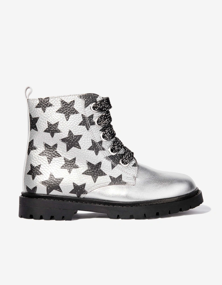 Girls Leather Lace Up Star Boots in Silver