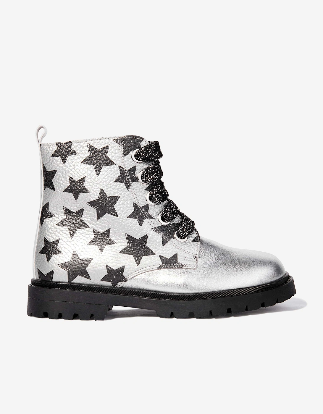 Girls Leather Lace Up Star Boots in Silver, 5 of 4