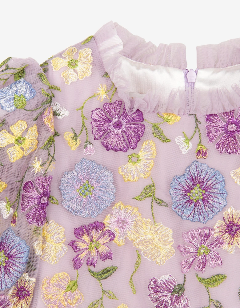 Girls Flower Embroidered Tulle Gown in Multicolour