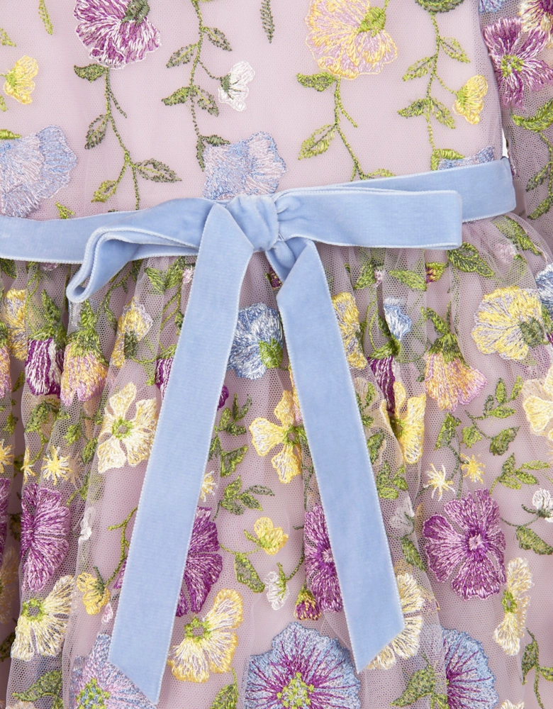 Girls Flower Embroidered Tulle Gown in Multicolour