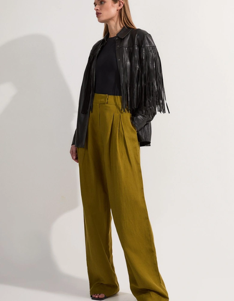 Viscose Linen Pleat And Pocket Detail Woven Straight Leg Trouser