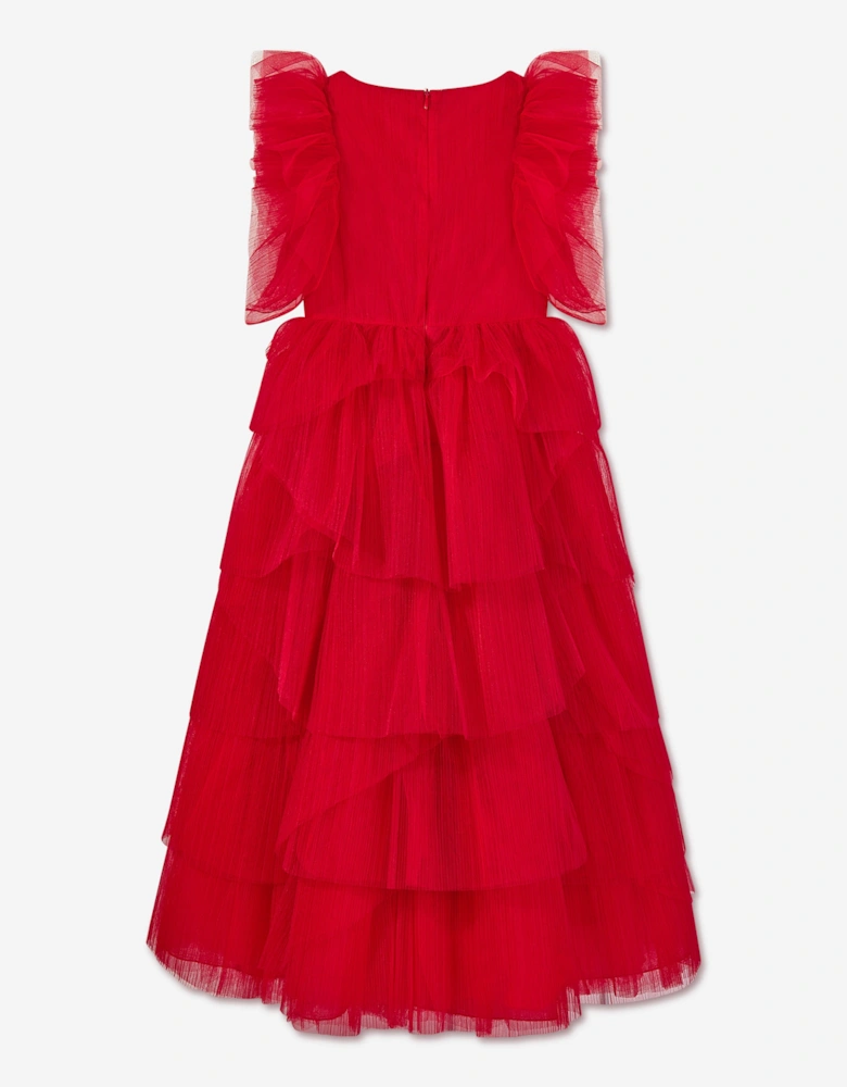 Girls Pleated Tulle Flounce Gown in Red