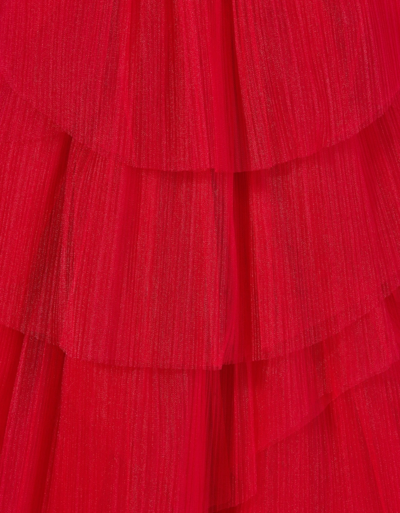 Girls Pleated Tulle Flounce Gown in Red