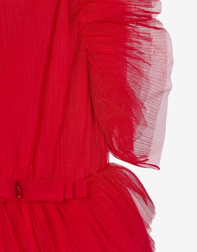 Girls Pleated Tulle Flounce Gown in Red