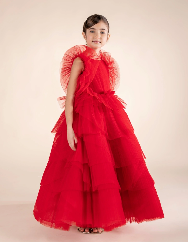 Girls Pleated Tulle Flounce Gown in Red