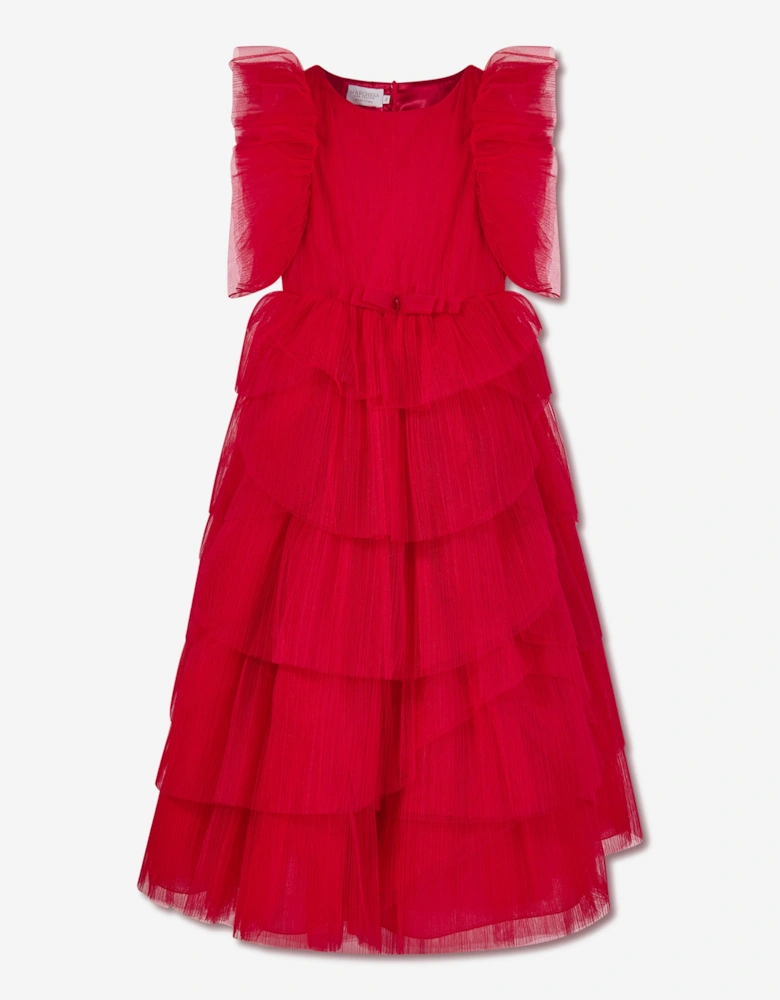 Girls Pleated Tulle Flounce Gown in Red