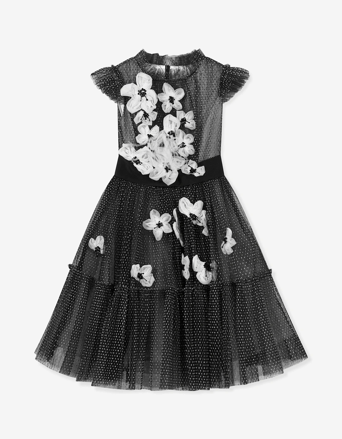 Girls Flower Embellished Tulle Gown in Black, 6 of 5