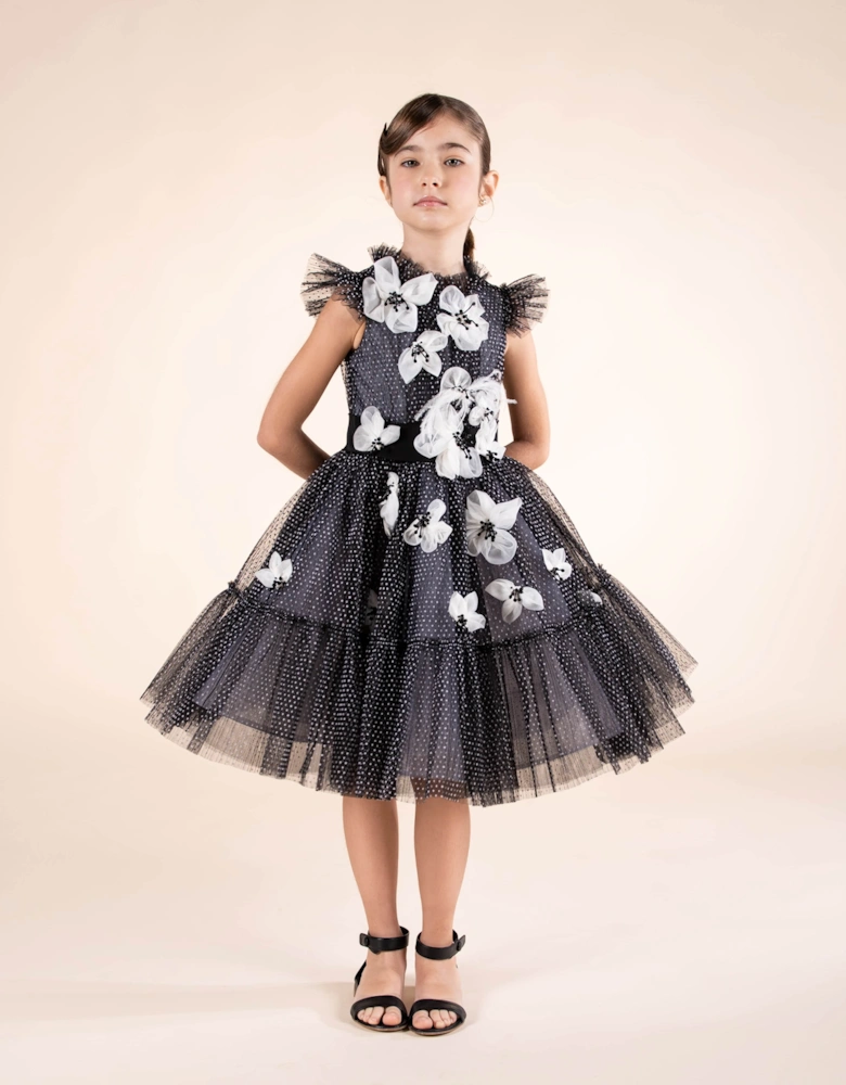 Girls Flower Embellished Tulle Gown in Black