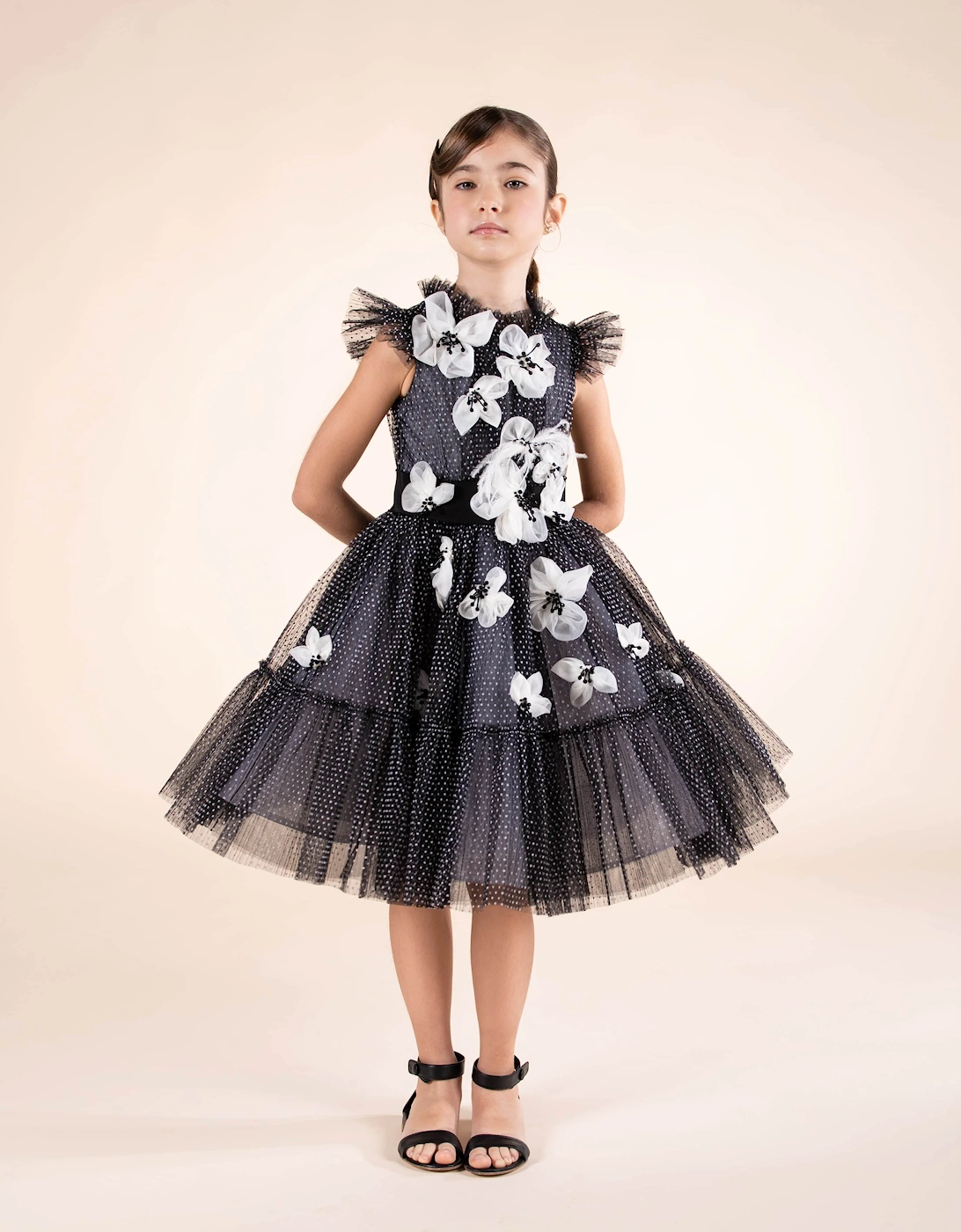 Girls Flower Embellished Tulle Gown in Black