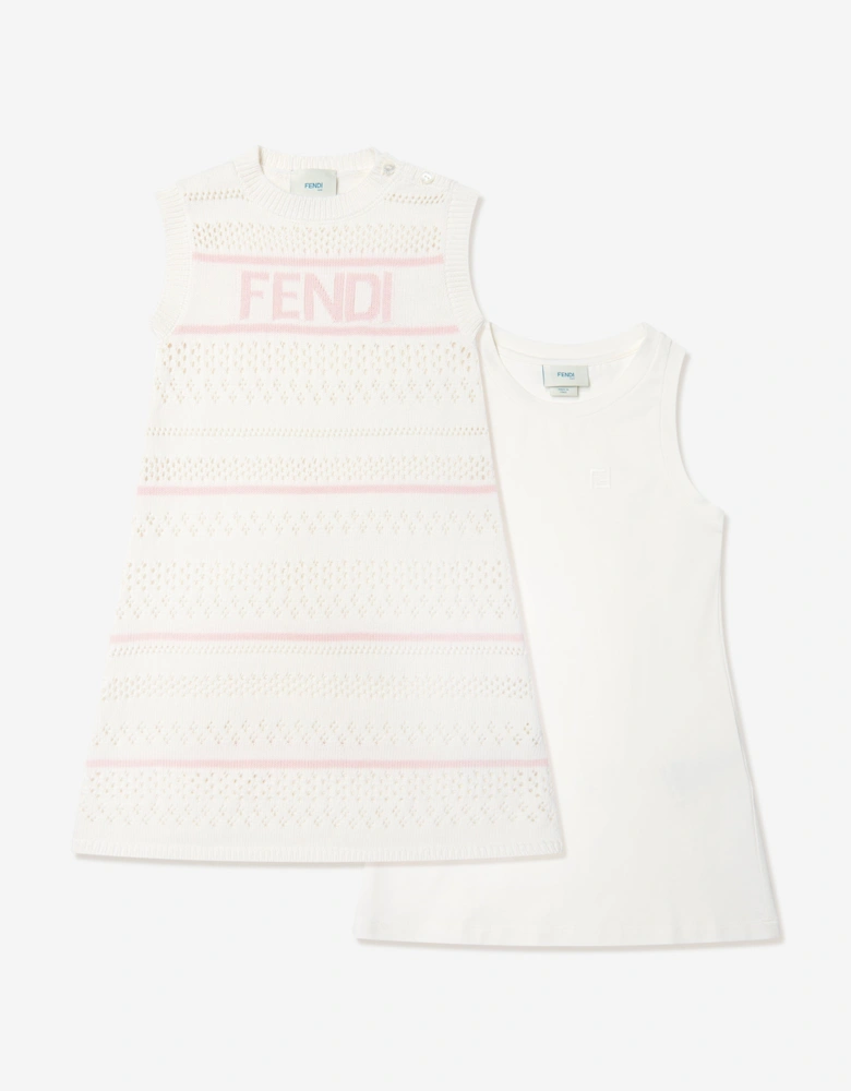 Girls Striped Crochet Dress in White
