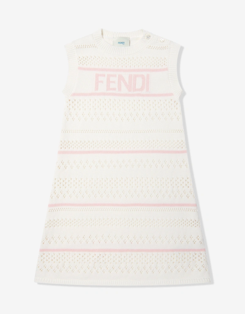 Girls Striped Crochet Dress in White