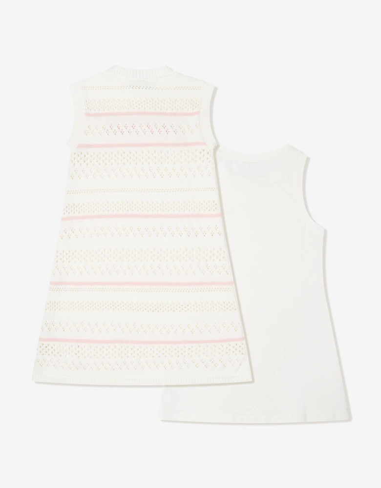 Girls Striped Crochet Dress in White