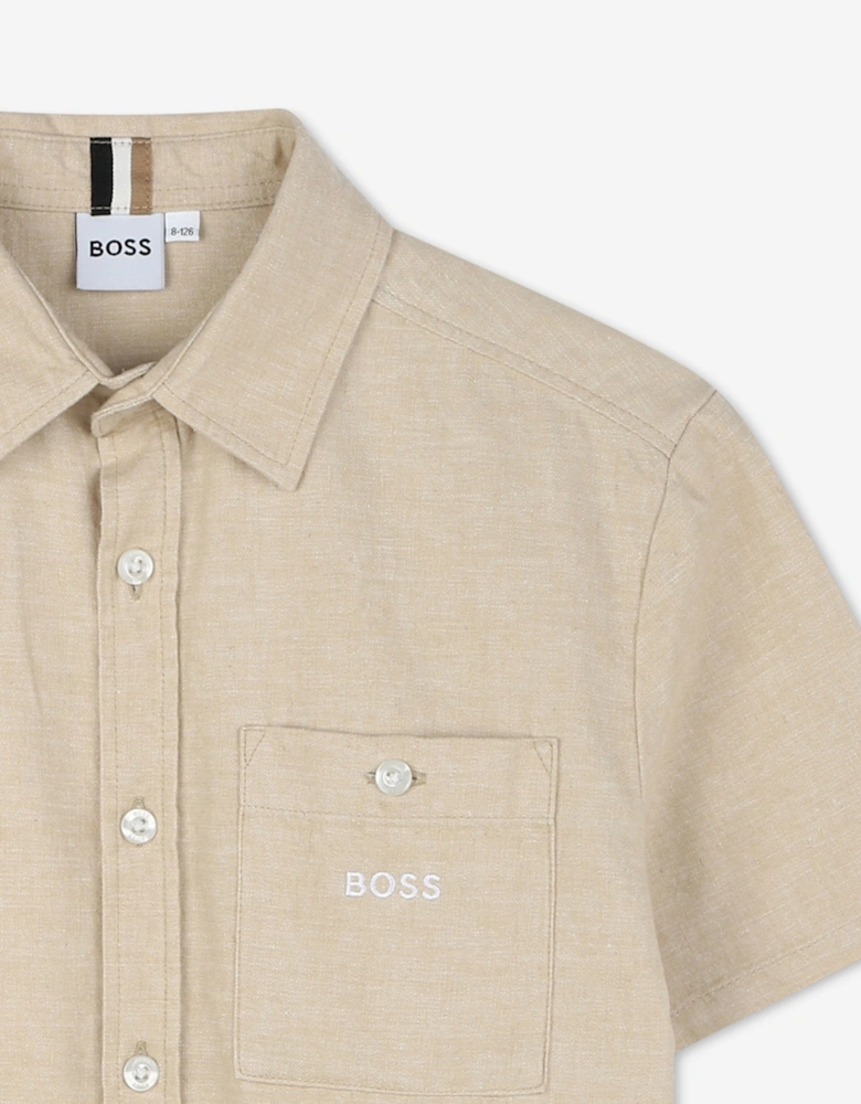 BOSS Boys Linen Shirt in Beige