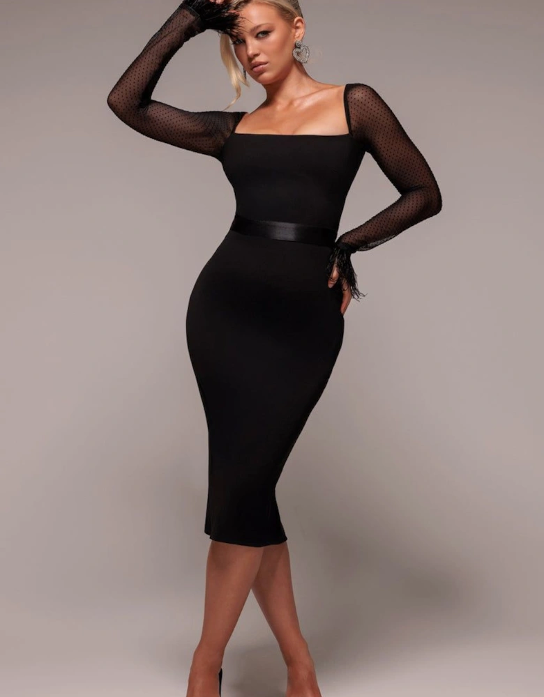 Dobby Mesh Feather Sleeve Bodycon Midi Dress
