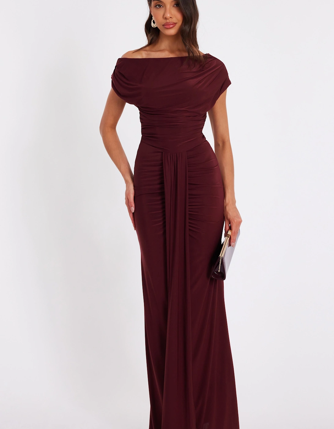 Wine Off Shoulder Ruched Maxi Dress, 2 of 1