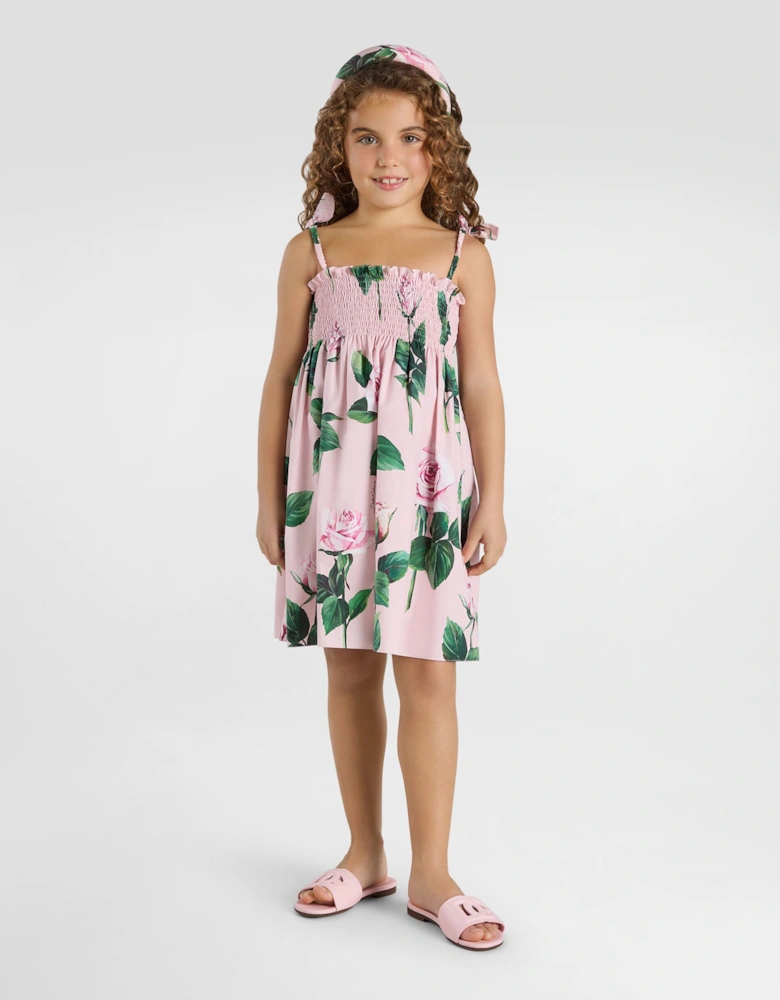 Girls Sleeveless Rose Print Dress in Pink