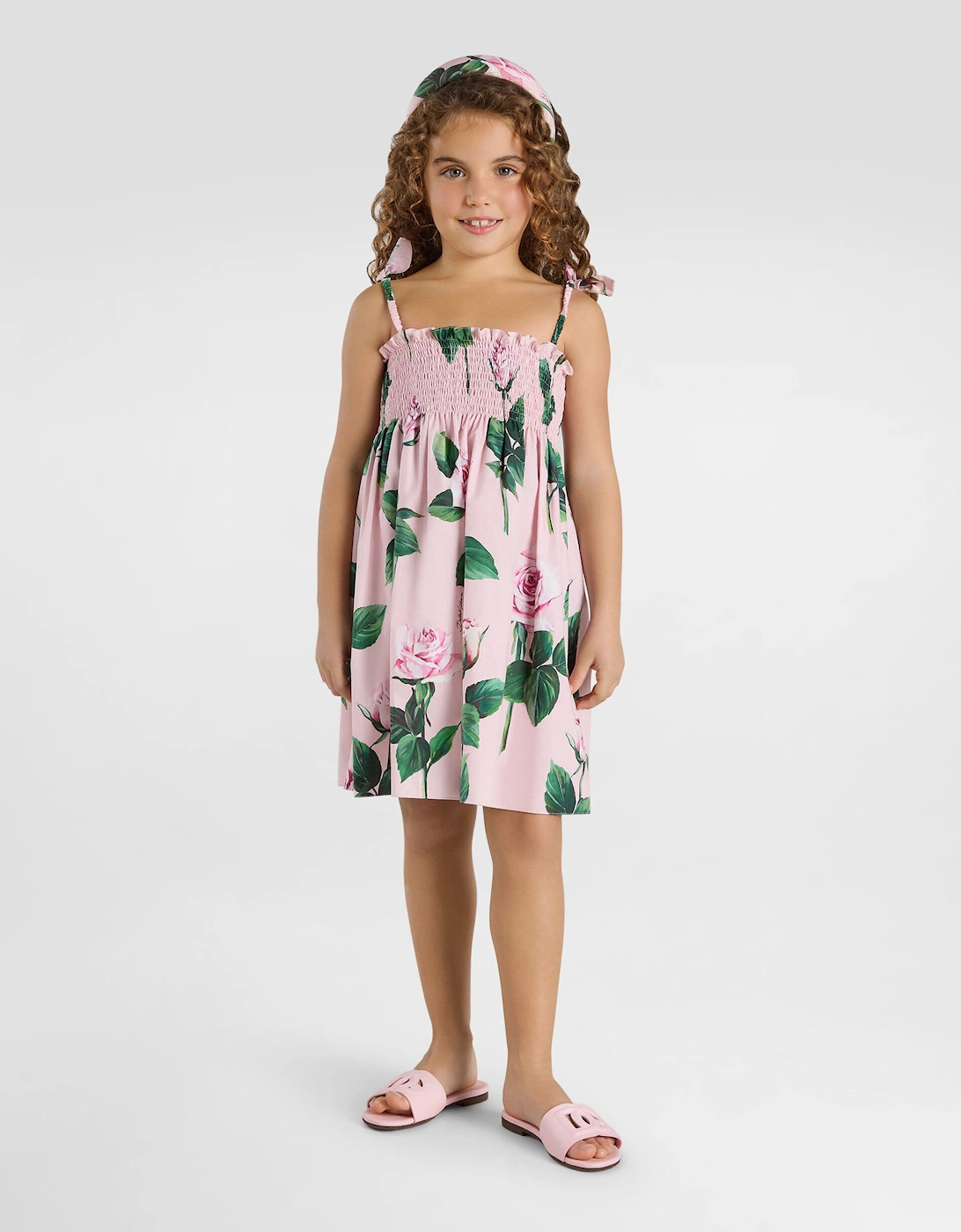 Girls Sleeveless Rose Print Dress in Pink