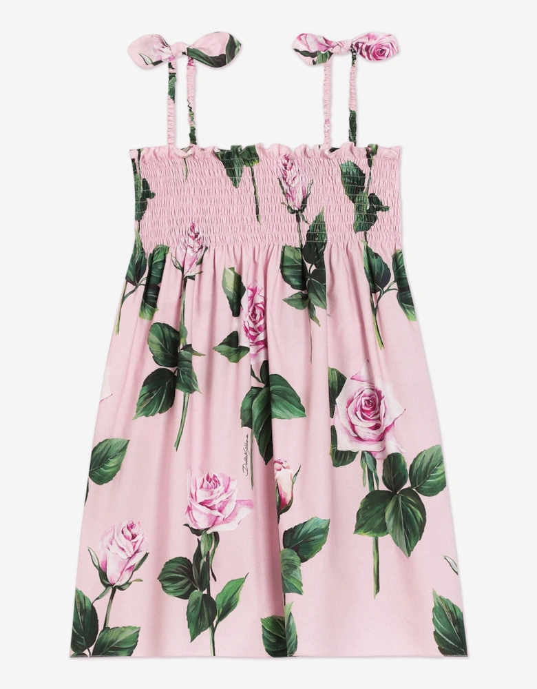 Girls Sleeveless Rose Print Dress in Pink
