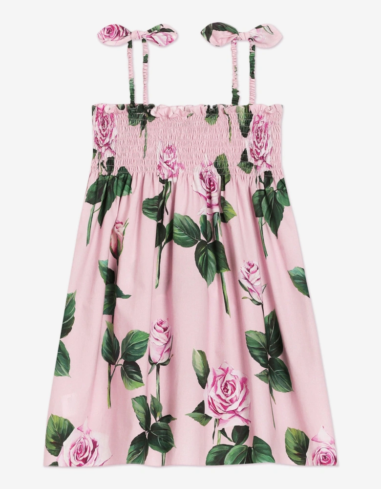 Girls Sleeveless Rose Print Dress in Pink