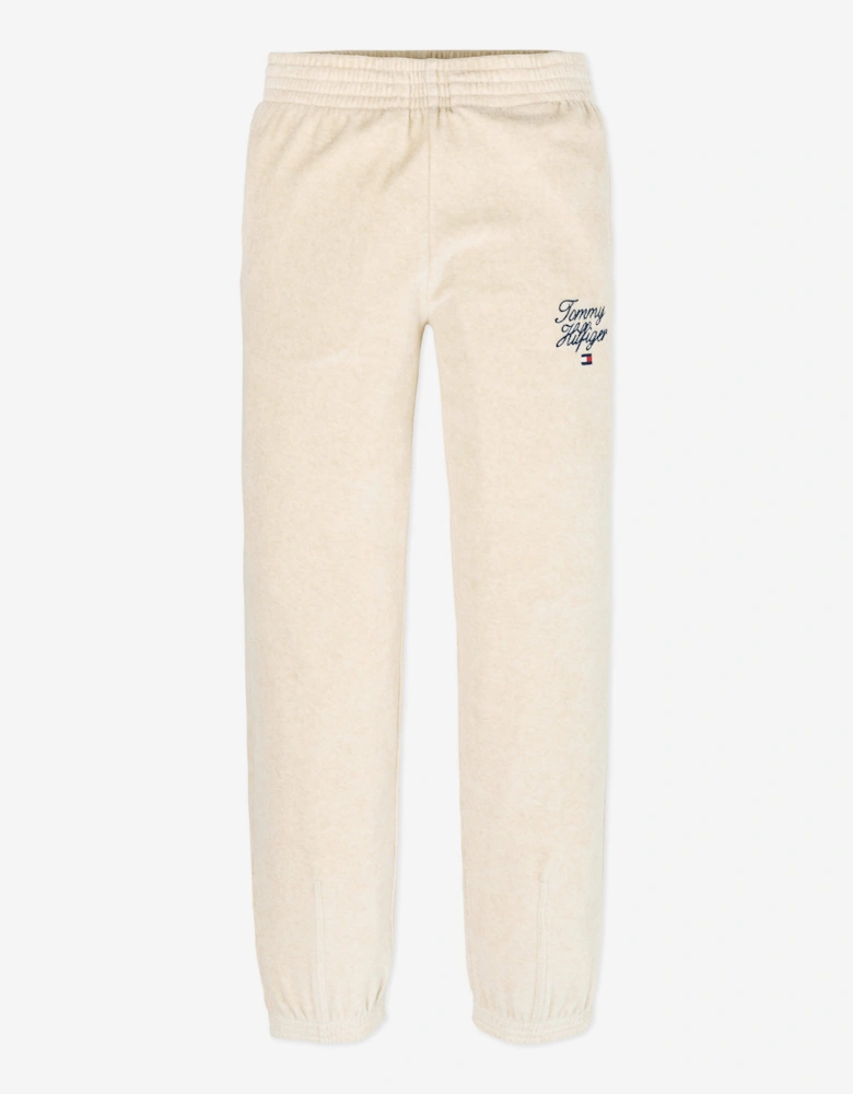 Girls Script Logo Velour Pants in Beige
