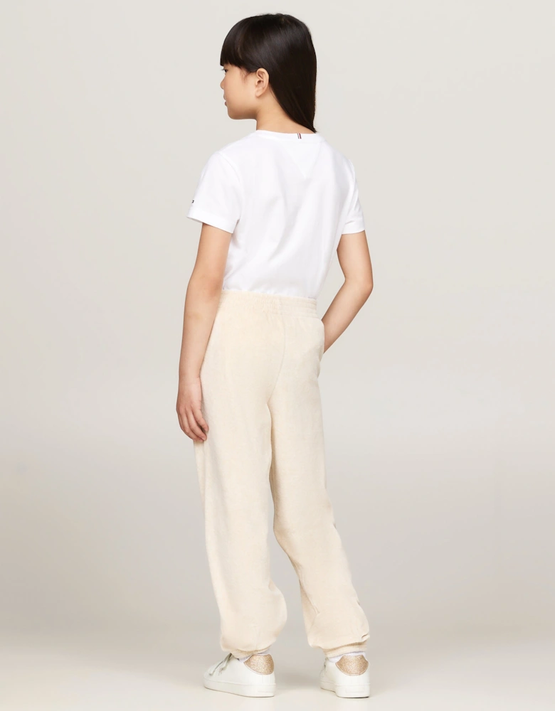 Girls Script Logo Velour Pants in Beige