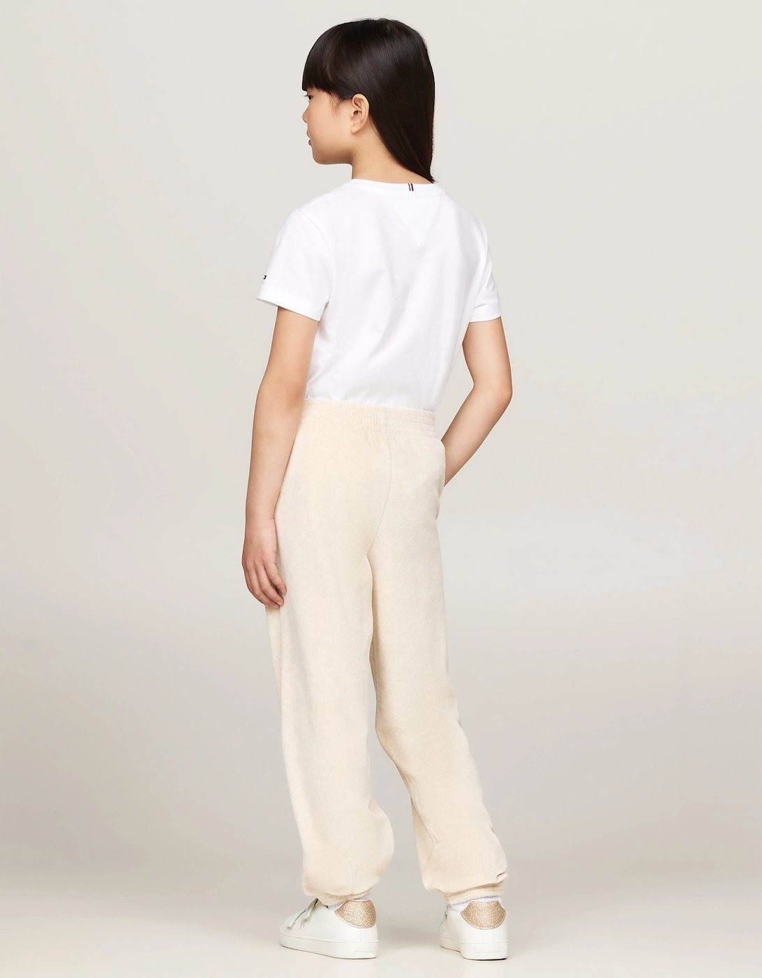 Girls Script Logo Velour Pants in Beige
