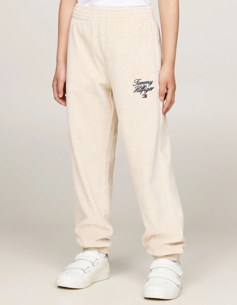 Girls Script Logo Velour Pants in Beige