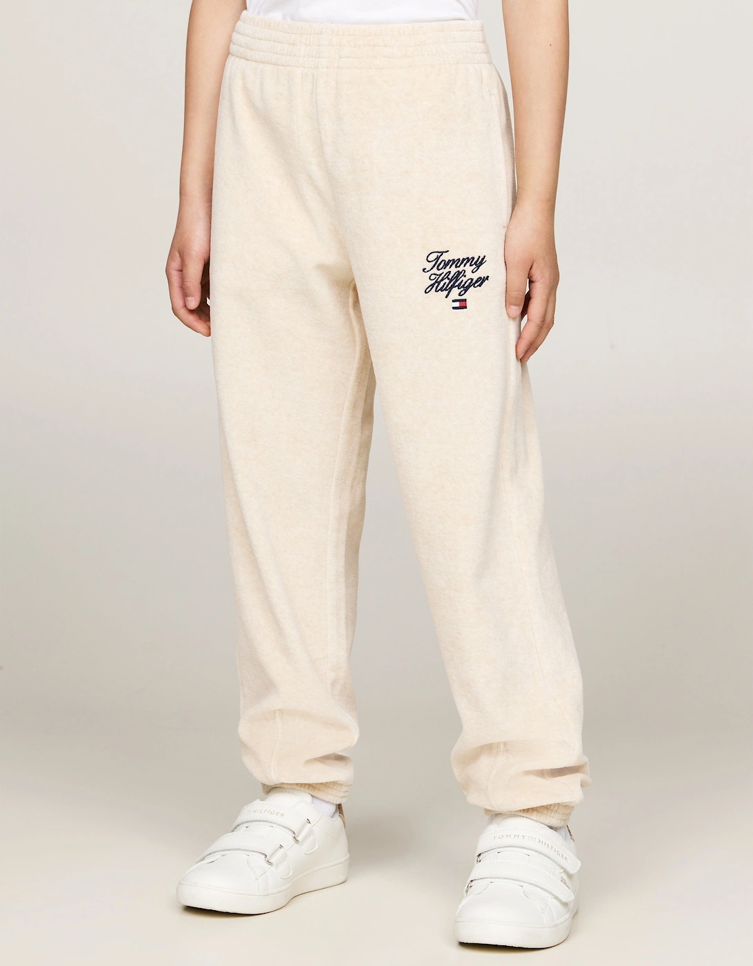 Girls Script Logo Velour Pants in Beige