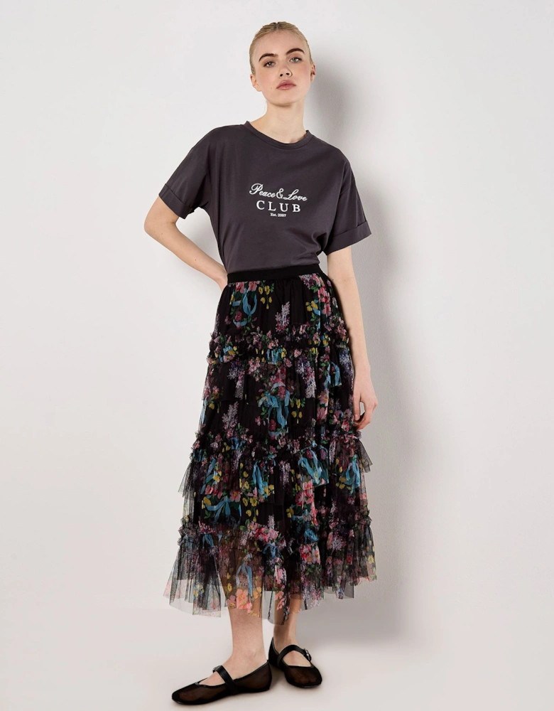 Floral Tiered Tulle Midi Skirt