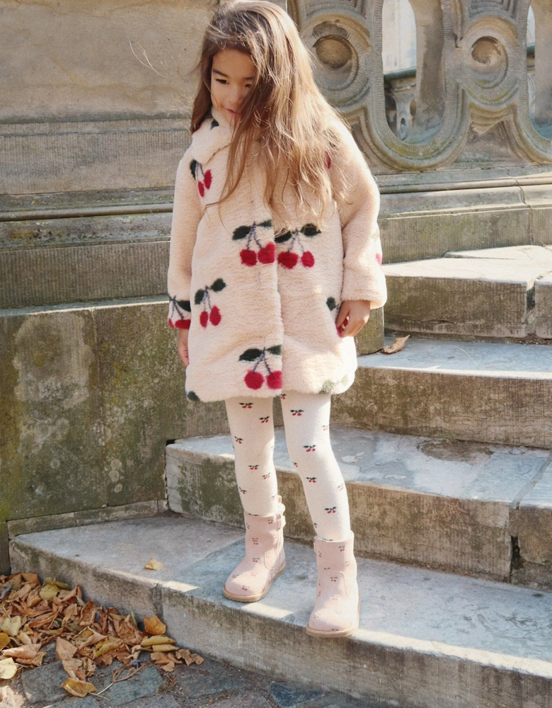 Girls Cherry Faux Fur Coat in Beige