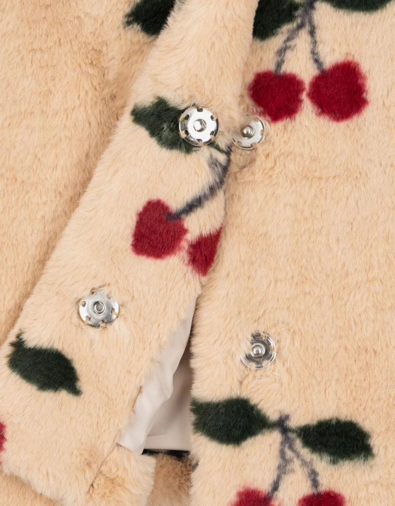 Girls Cherry Faux Fur Coat in Beige