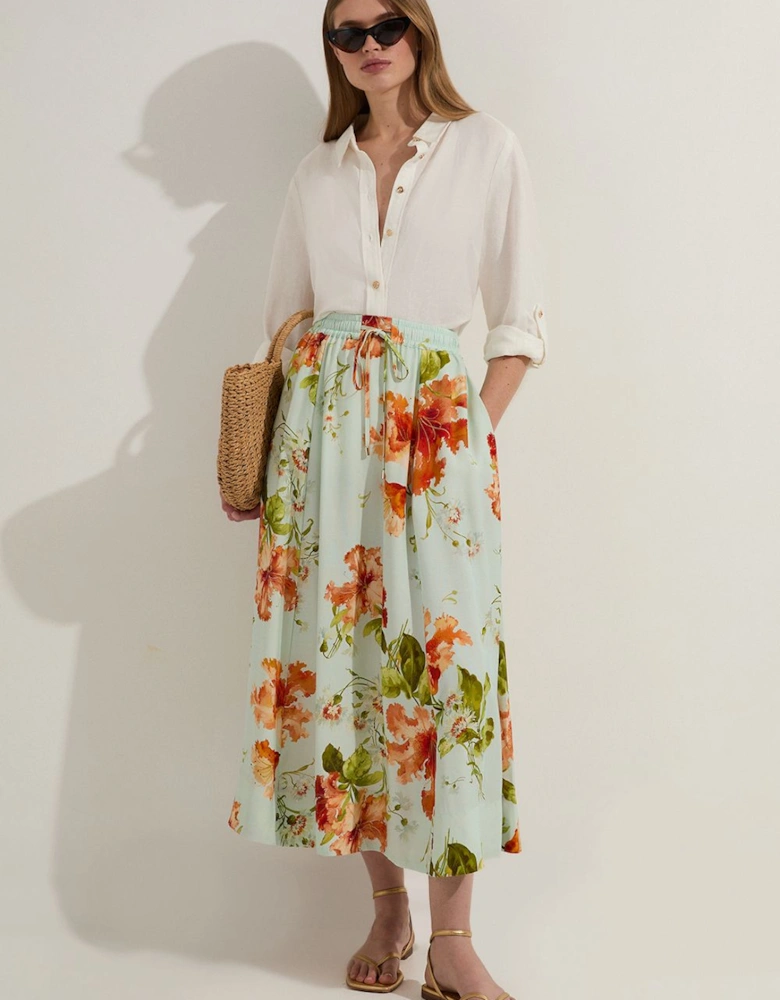 Premium Viscose Linen Floral Tie Waist Woven Skirt