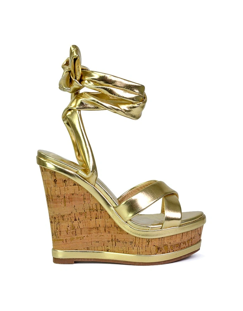 'Kammie' Lace Up Strappy Cork Platform Wedge Heel Sandal Shoes