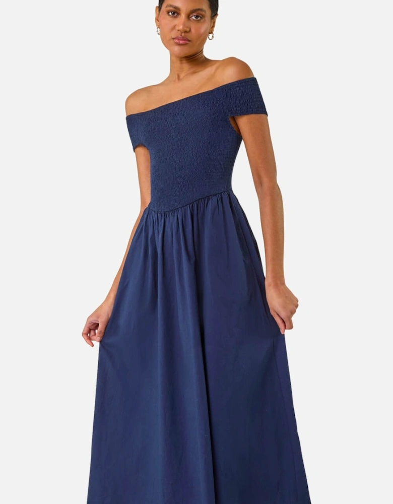 Plain Shirred Cotton Midi Dress