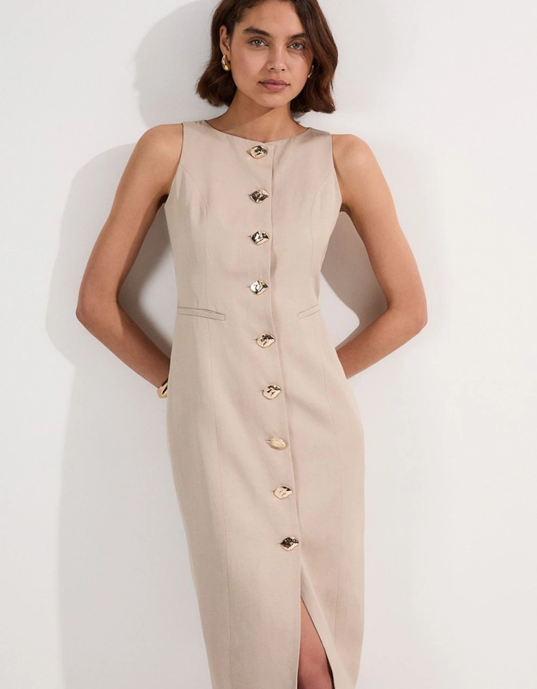 Petite Viscose Linen Tailored Statement Button Front Pencil Midi Dress