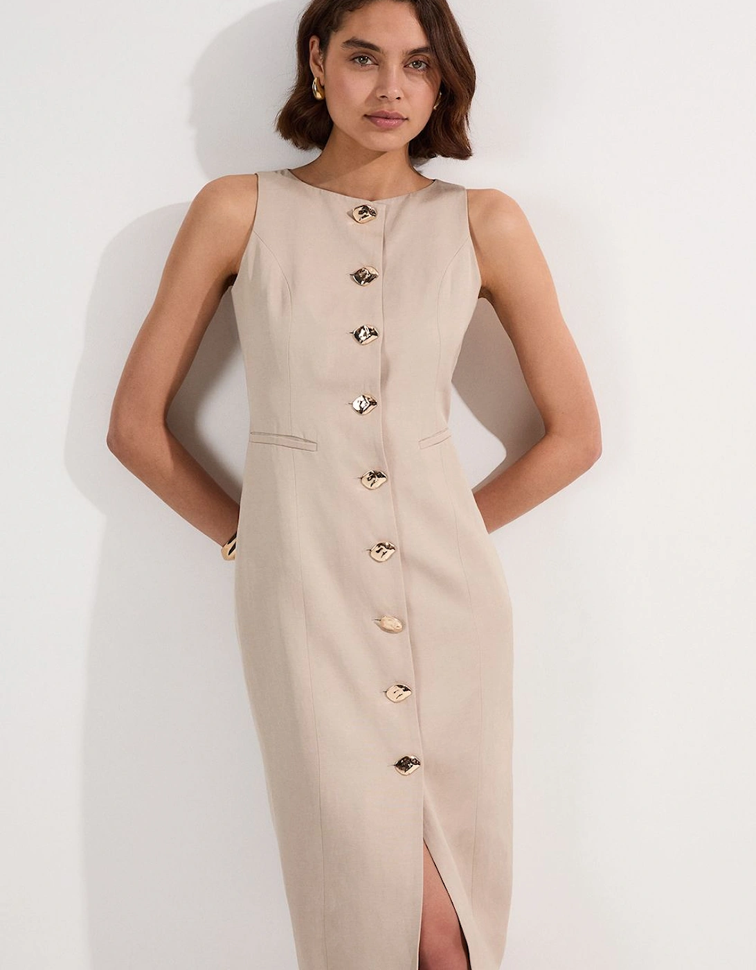 Petite Viscose Linen Tailored Statement Button Front Pencil Midi Dress, 2 of 1