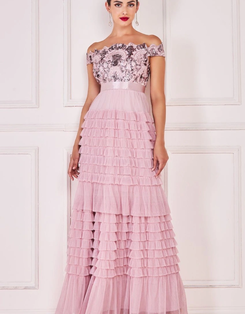 Scallop Bardot Ruffle Mesh Maxi