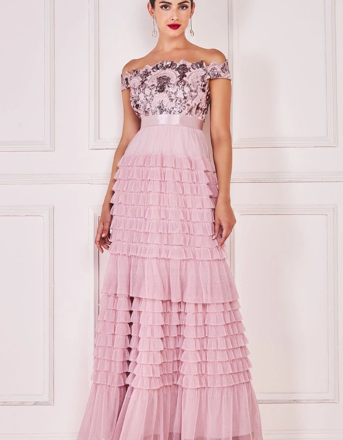 Scallop Bardot Ruffle Mesh Maxi, 2 of 1