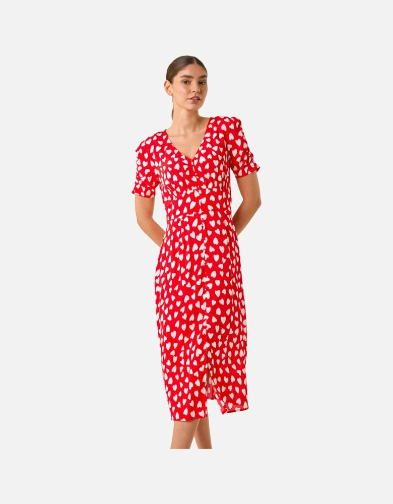 Heart Print Ruched Midi Dress