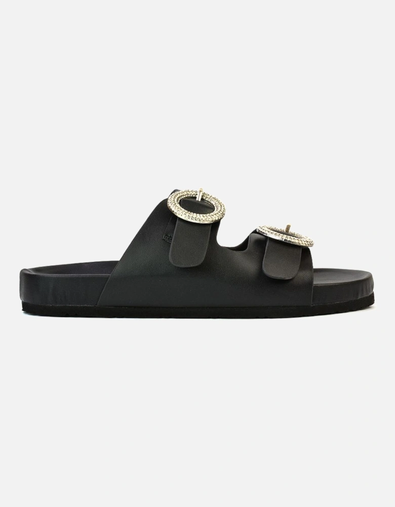 'Reggie' Slip On Flat Sandals Sliders With Double Strap Diamante Buckle