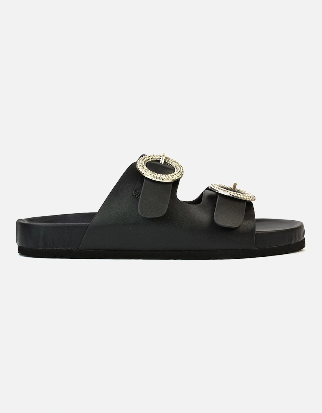 'Reggie' Slip On Flat Sandals Sliders With Double Strap Diamante Buckle, 2 of 1