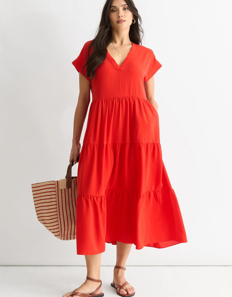 Red V Neck Pocket Smock Midi Dress