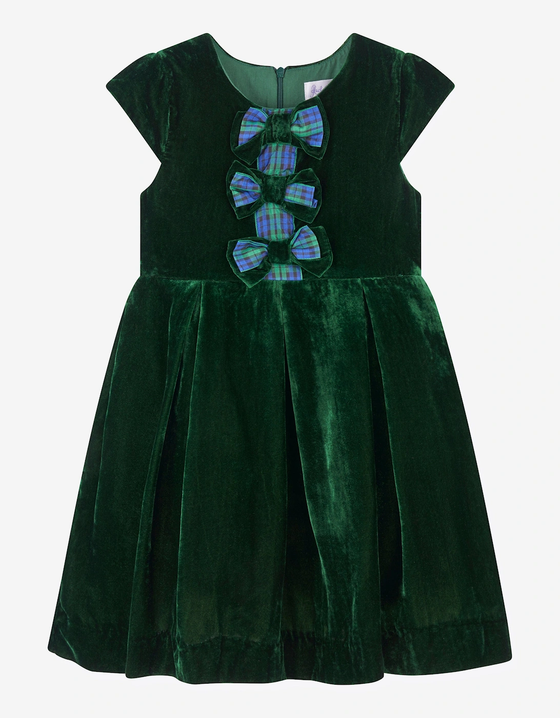 Girls Tartan Bow Velvet Dress in Green, 6 of 5