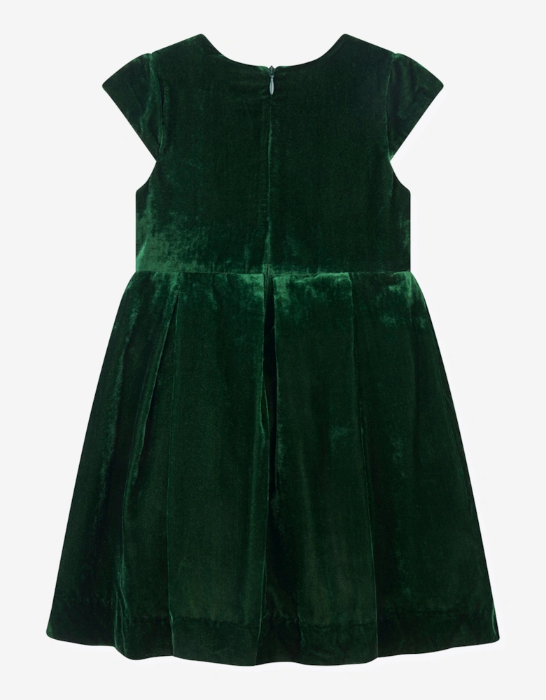 Girls Tartan Bow Velvet Dress in Green
