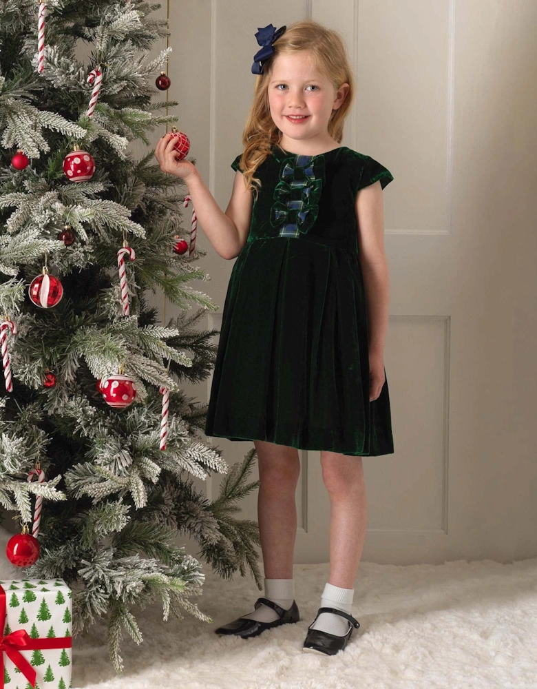 Girls Tartan Bow Velvet Dress in Green