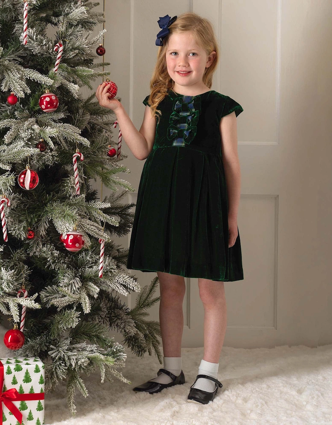 Girls Tartan Bow Velvet Dress in Green