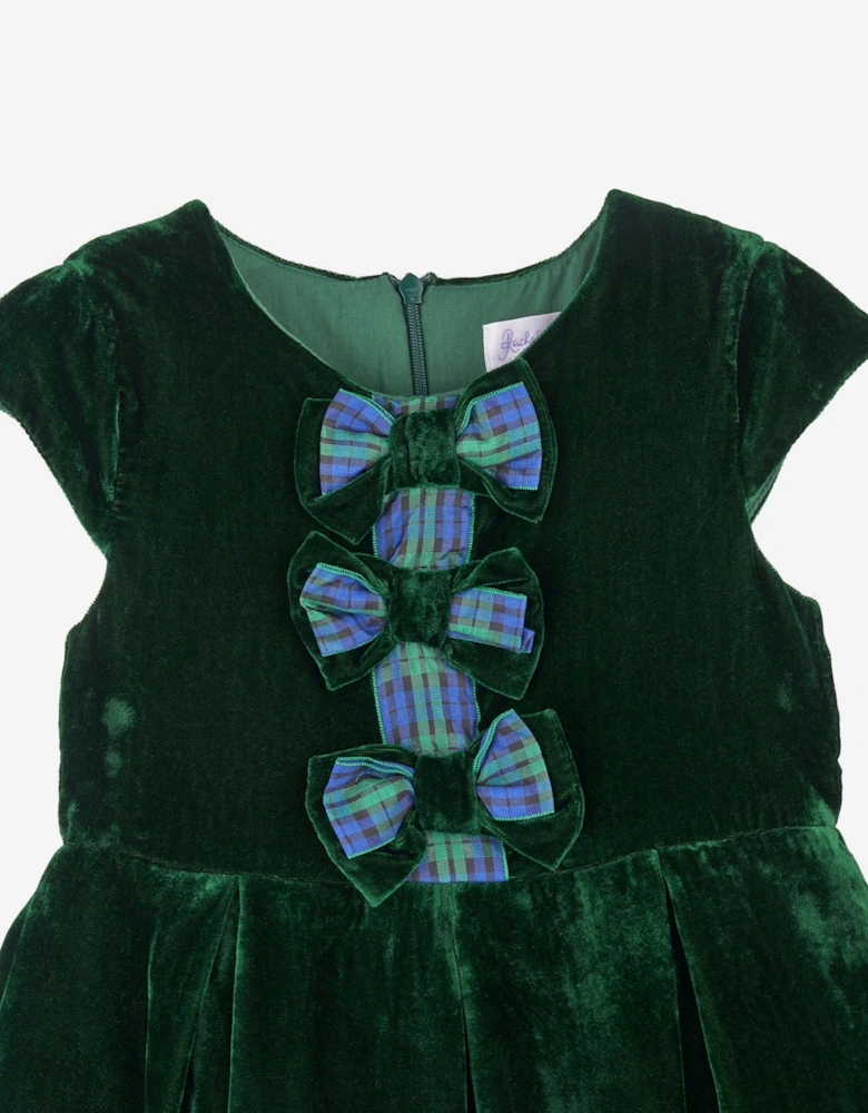 Girls Tartan Bow Velvet Dress in Green