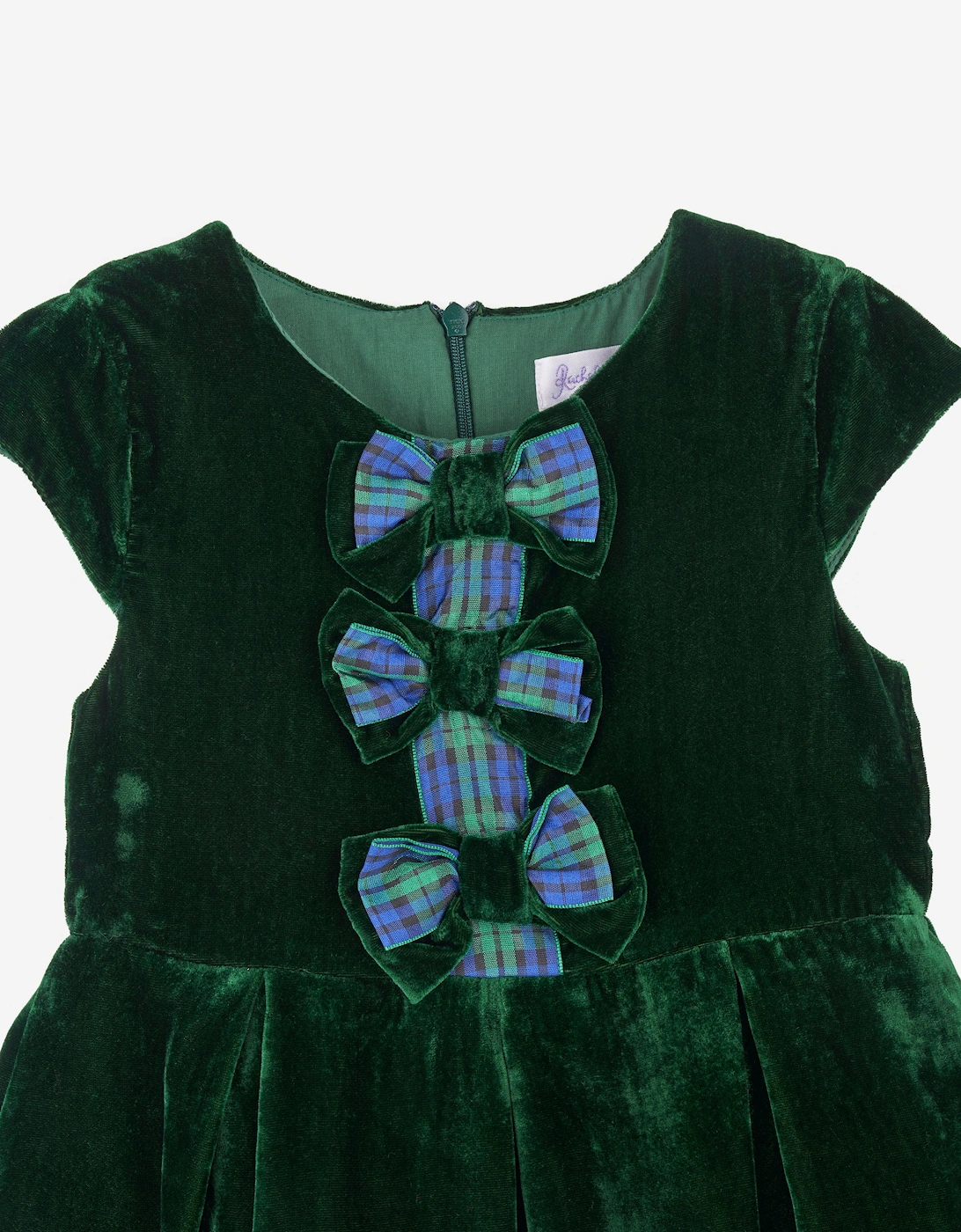 Girls Tartan Bow Velvet Dress in Green