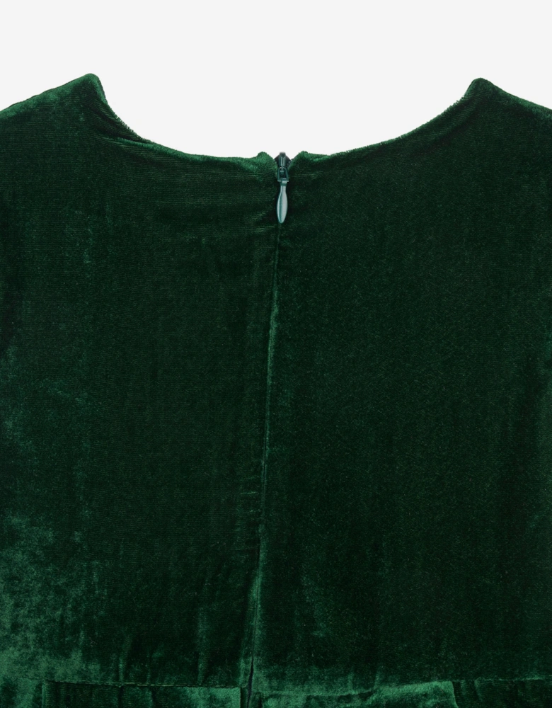 Girls Tartan Bow Velvet Dress in Green